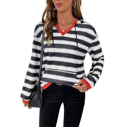 Damen Pullover Baumwolle Gestreift V-Ausschnitt Beige