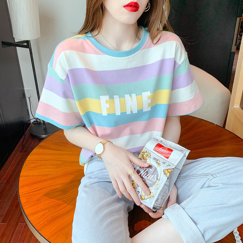 Damen T-Shirt Bunt Streifenmuster Baumwolle - Norvielle