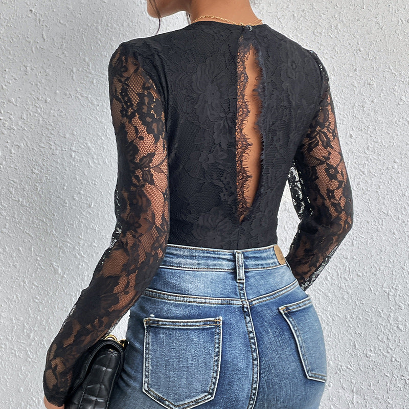 Damen Spitzenbody V-Ausschnitt Transparent Ärmel