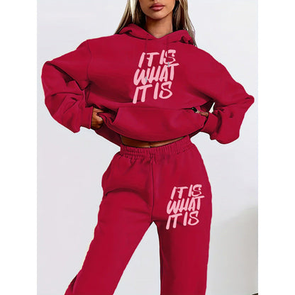 Damen Hoodie Jogginghose Set Baumwolle Mit Schriftzug Anthrazit