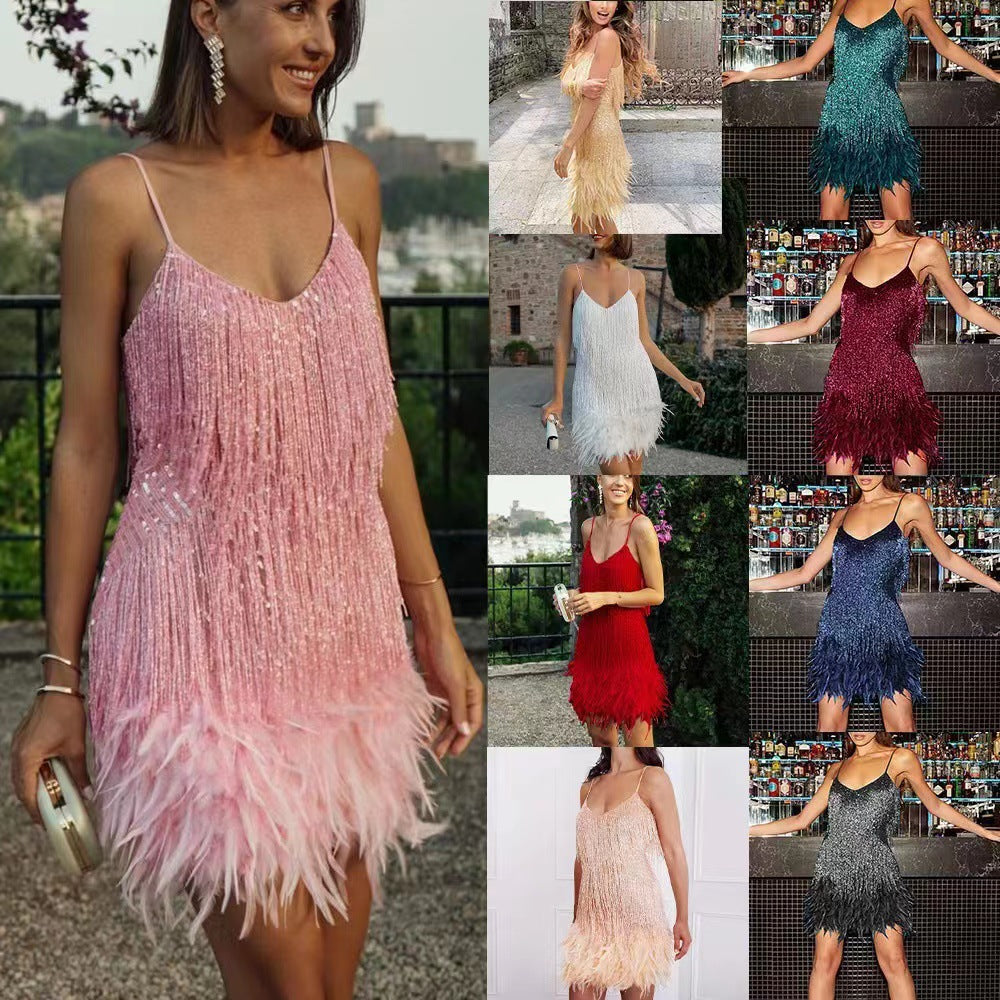 Damen Mini-Kleid Glitzernd mit Fransen Schulterfrei Norvielle - Norvielle