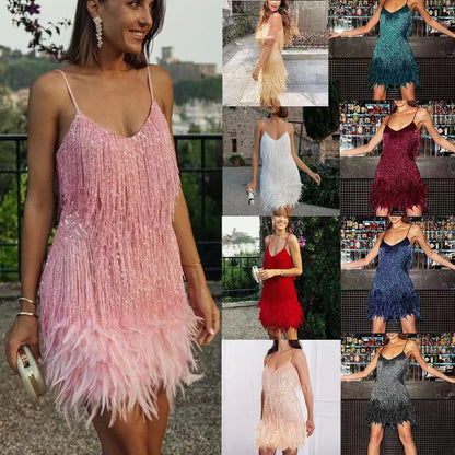 Damen Mini-Kleid Glitzernd mit Fransen Schulterfrei Norvielle - Norvielle