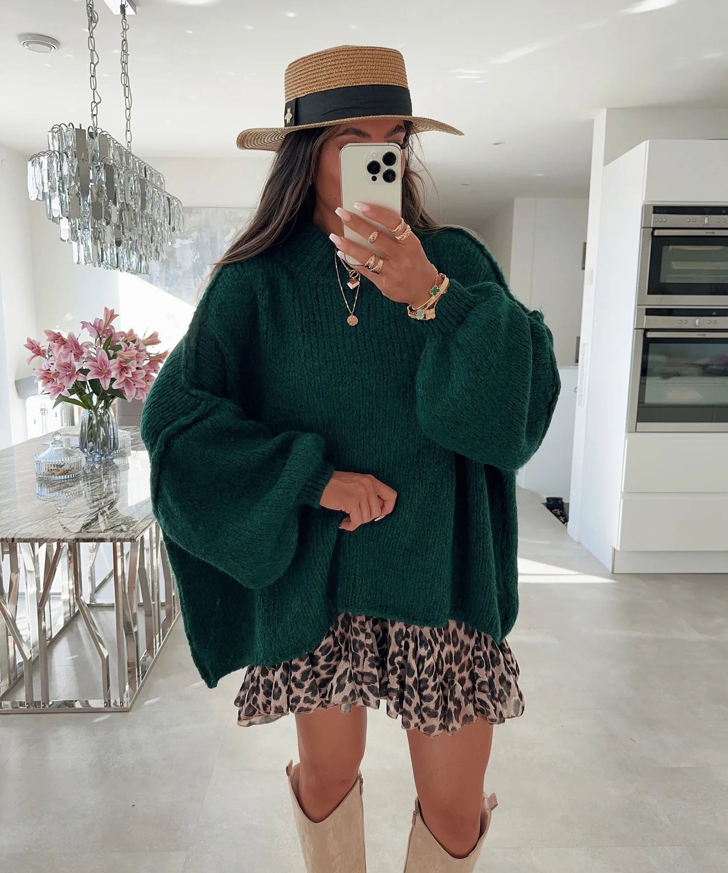 Damen Oversized Strickpullover Hochkragen Ballonärmel