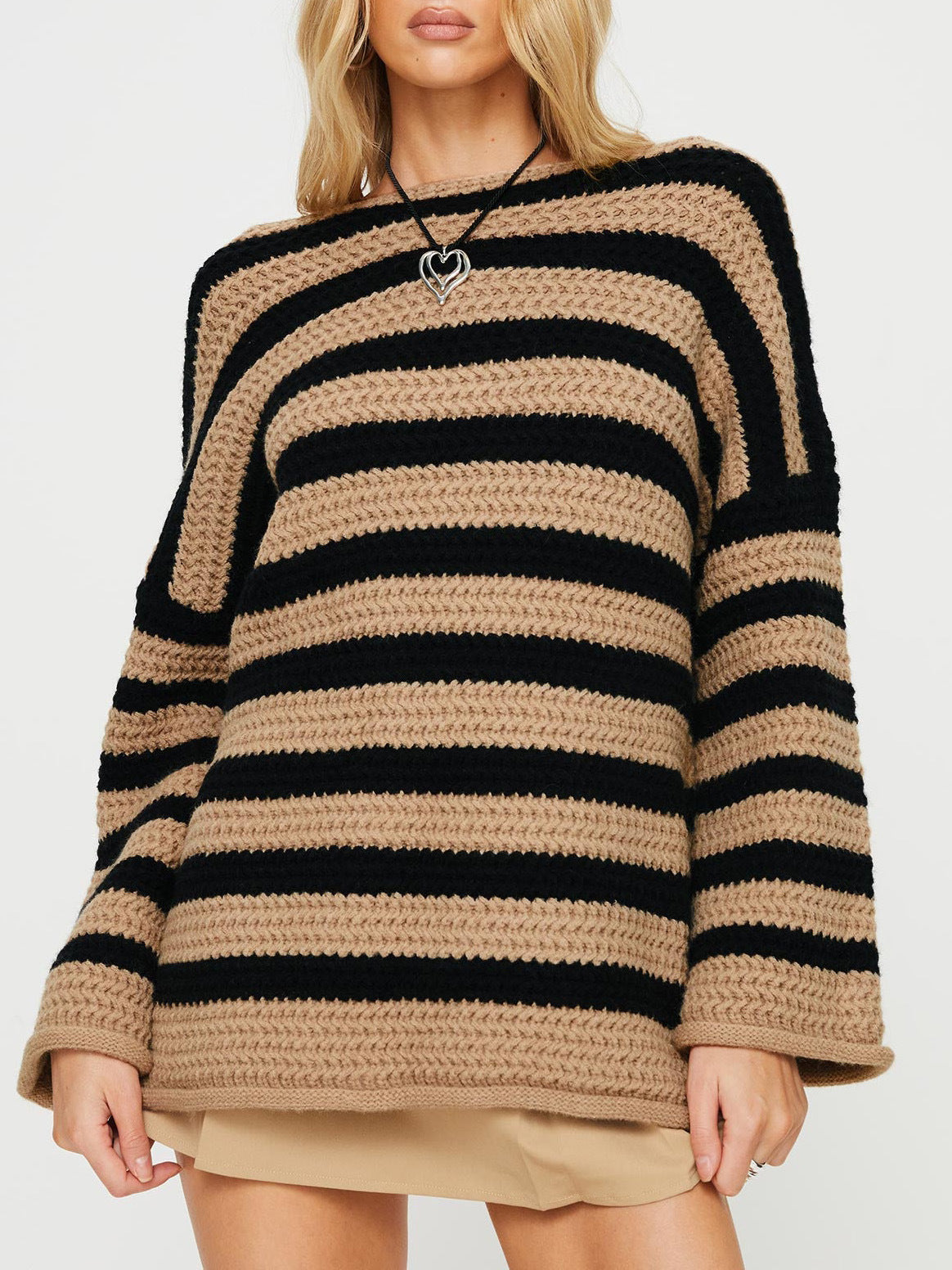Damen Grobstrickpullover Streifenmuster Lässig Beige