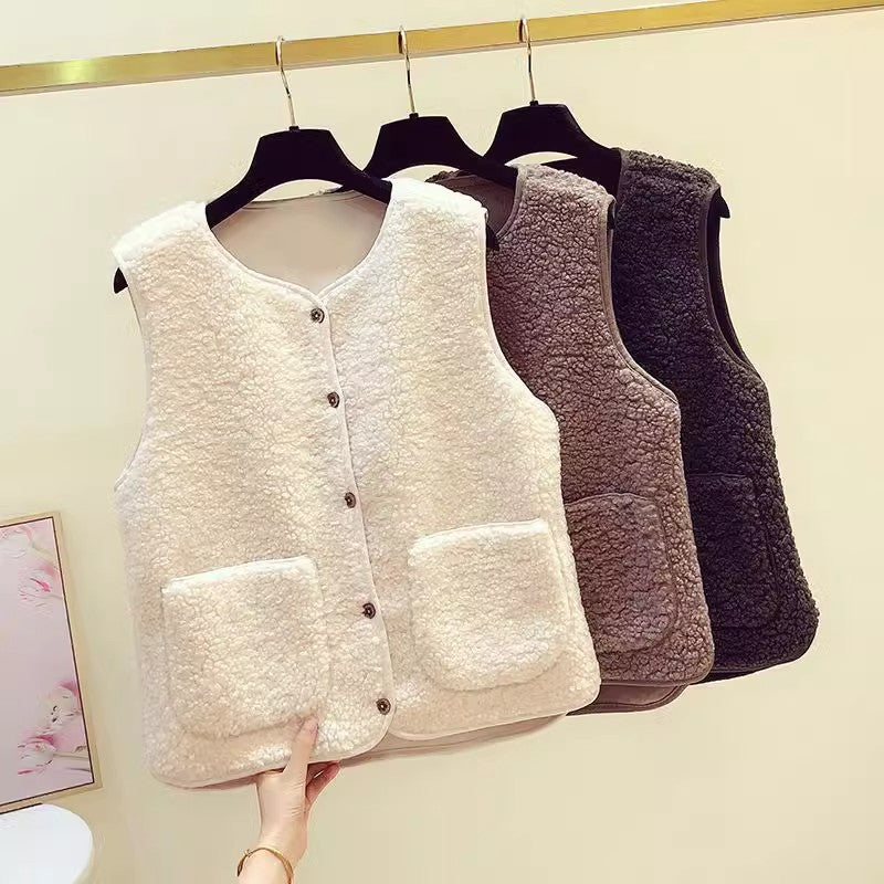 Damen Fleeceweste Teddylook mit Taschen und Knöpfen Beige