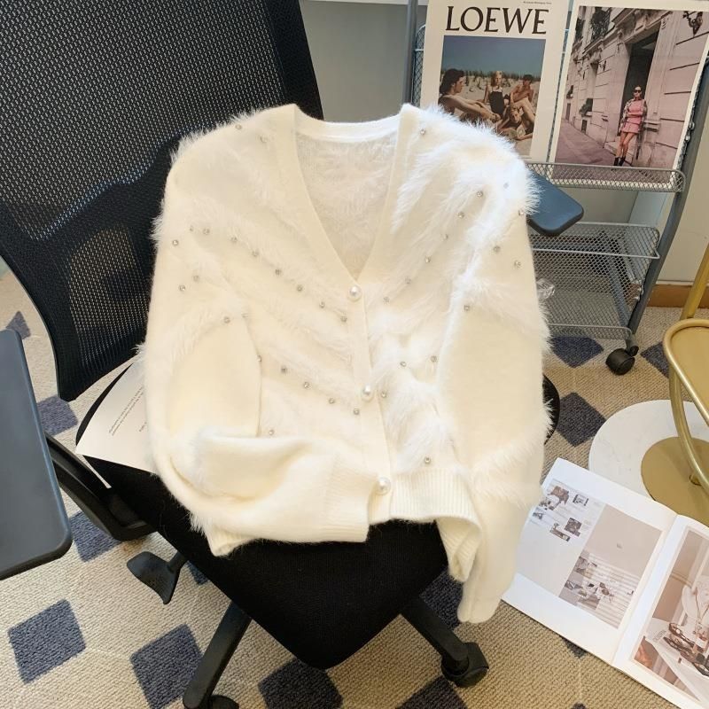 Damen Flauschiger Cardigan mit Perlen