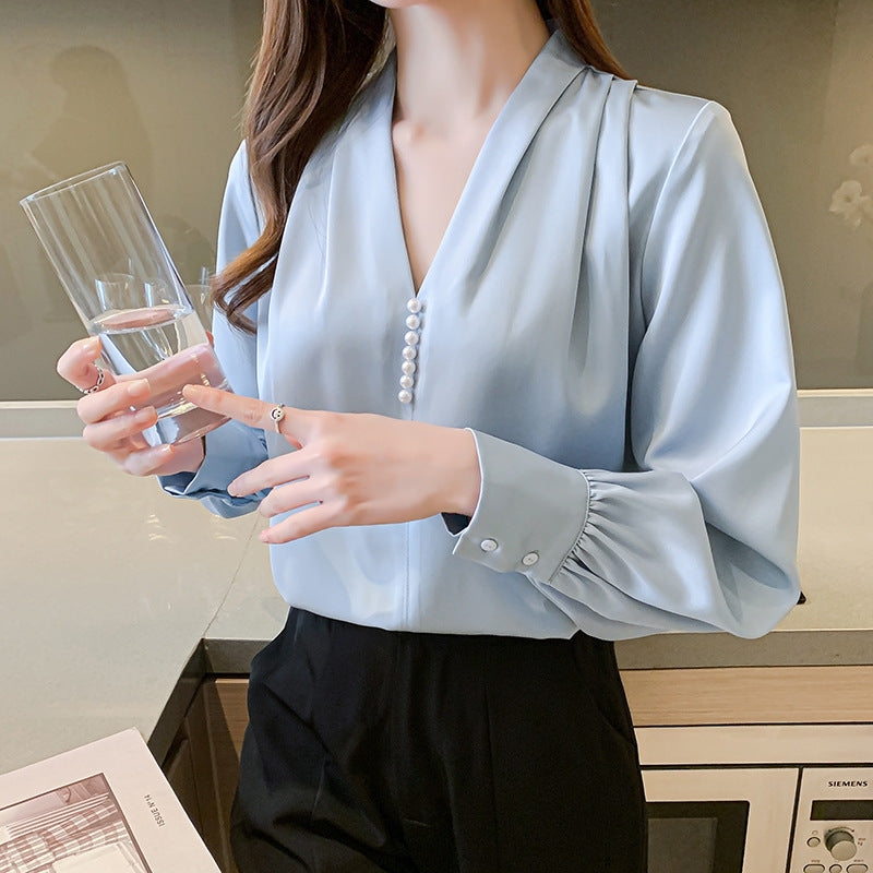 Damen Bluse Rüschenärmel Perlknöpfe Norvielle