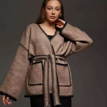 Damen Strickjacke Breite Ärmel Taillengürtel Norvielle