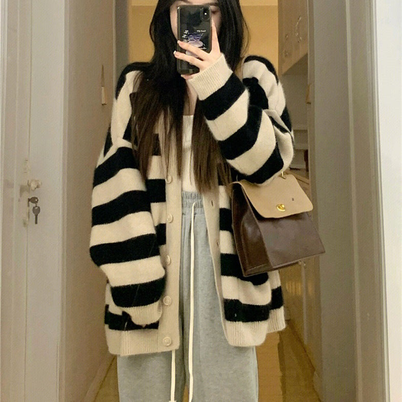 Damen Grobstrick-Cardigan Streifenmuster mit Taschen Norvielle