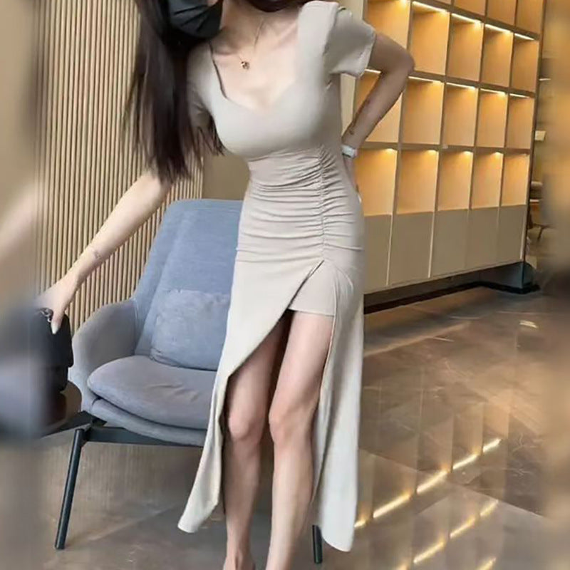 Damen Langkleid Figurbetont Raffungseffekt Hochschlitz