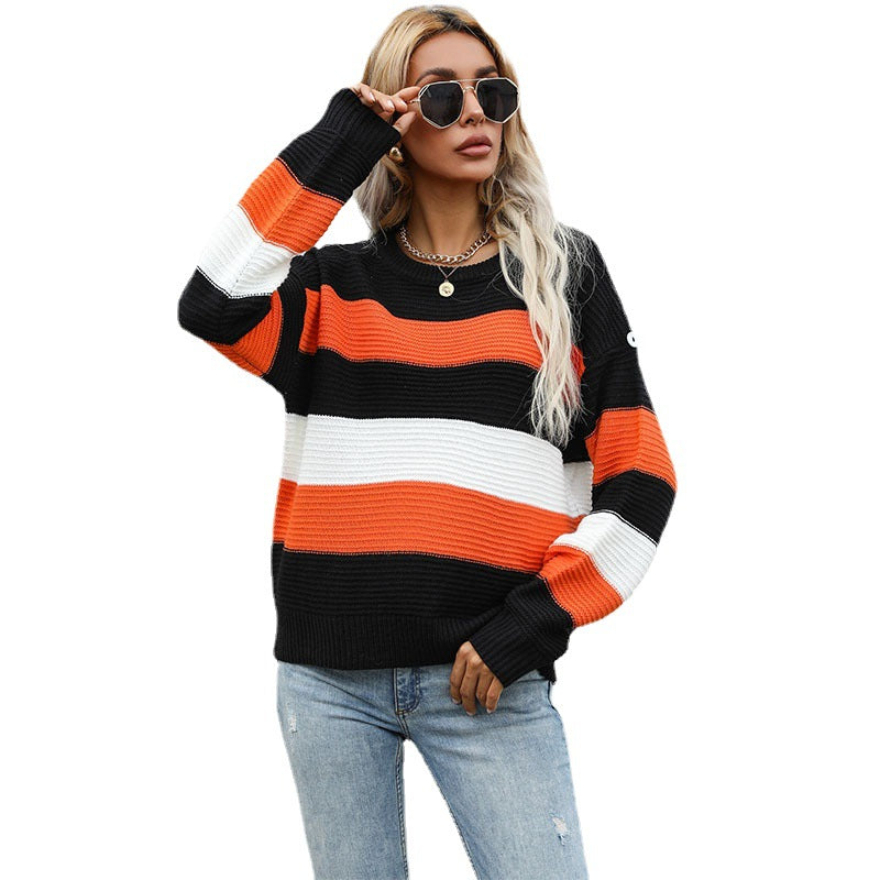 Damen Strickpullover Gestreift Voluminöse Ärmel Weite Passform