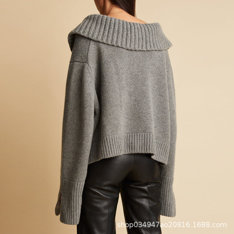Damen Strickpullover V-Ausschnitt Übergroßer Kragen Norvielle