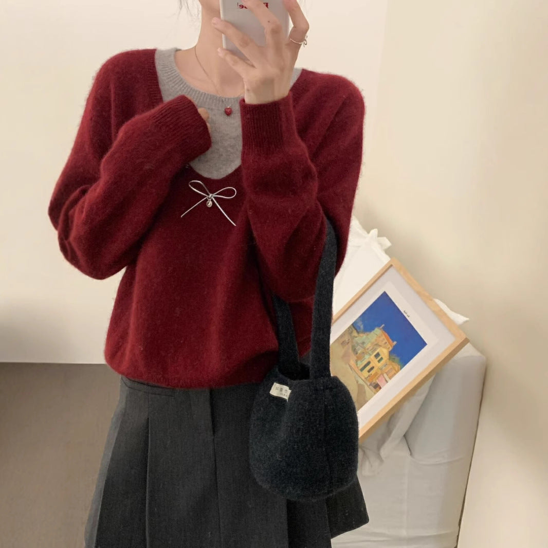 Damen Pullover V-Ausschnitt Schleifenapplikation Norvielle
