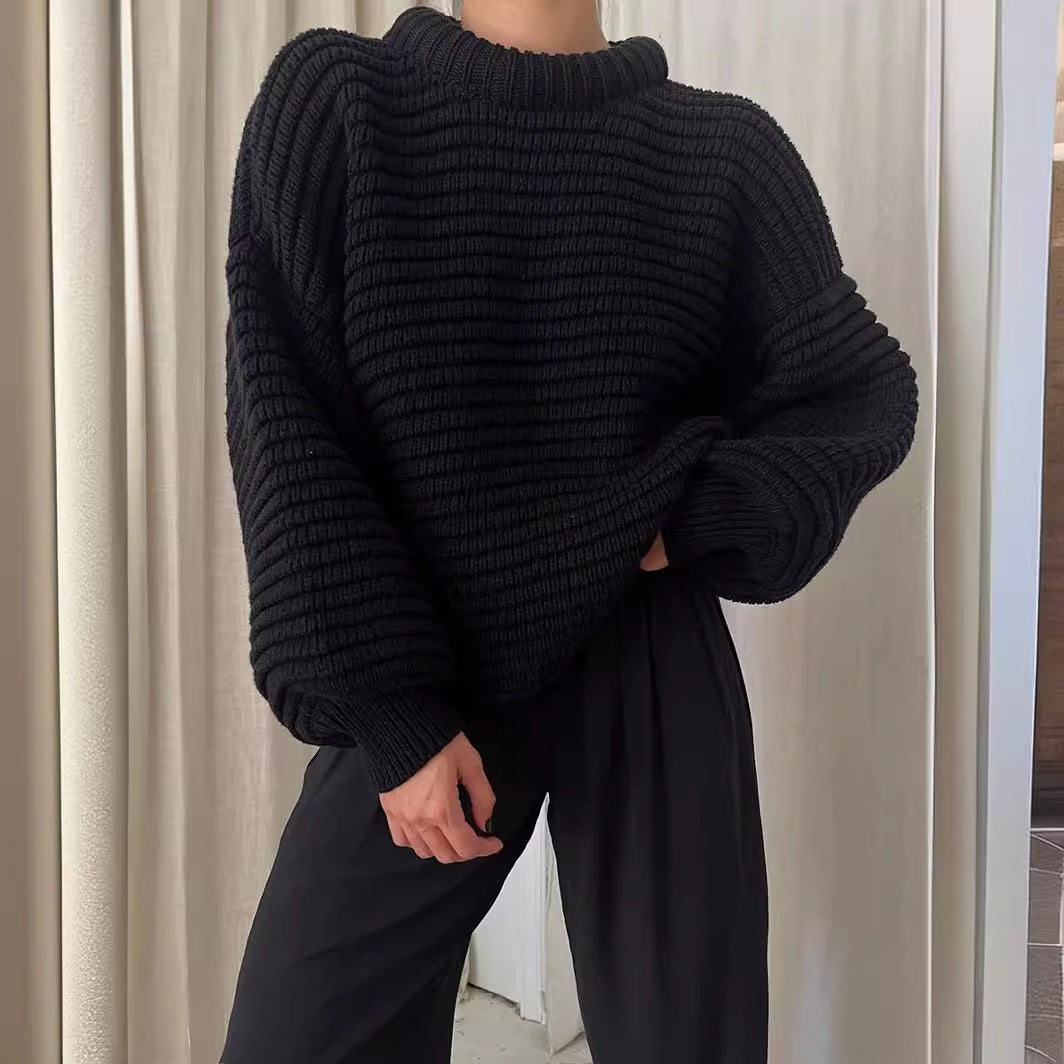 Damen Strickpullover Locker mit hohem Kragen und Rippbündchen