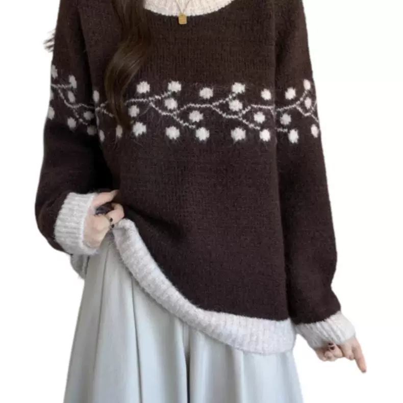Damen Strickpullover Weich Floralmuster Spitzen Beige