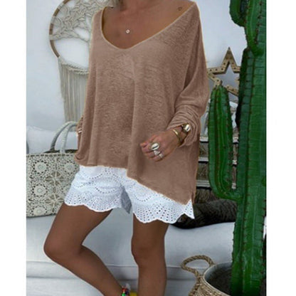 Damen Oversize-Shirt V-Ausschnitt Länge Langärmelig Weiß Norvielle