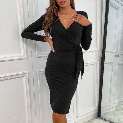 Damen Wickelkleid mit Taillenknoten und Rüschenabschlüssen