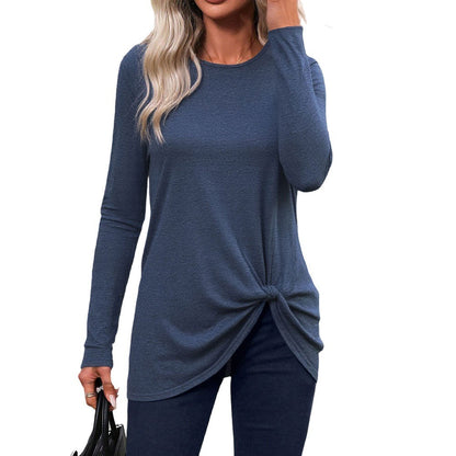 Damen Langarmshirt Rundhalsausschnitt Knotenverzierung Elegantes