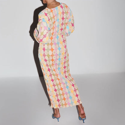 Damen Maxikleid Rautenmuster Voluminöse Ärmel Norvielle