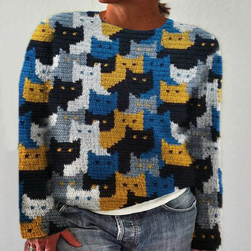 Damen Strickpullover Katzenmuster Norvielle