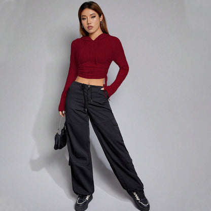 Damen Cropped Hoodie Langärmelig Rippmuster Grau
