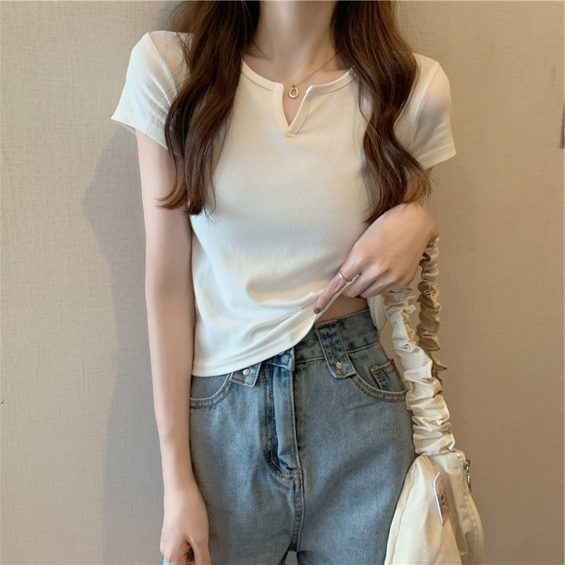 Damen T-Shirt Kurzarm V-Ausschnitt Elegantes Design Weiß