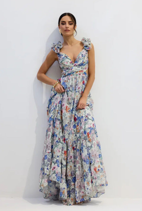 Damen Maxikleid Vintage-Stil Fließender Rock Rüschendetails