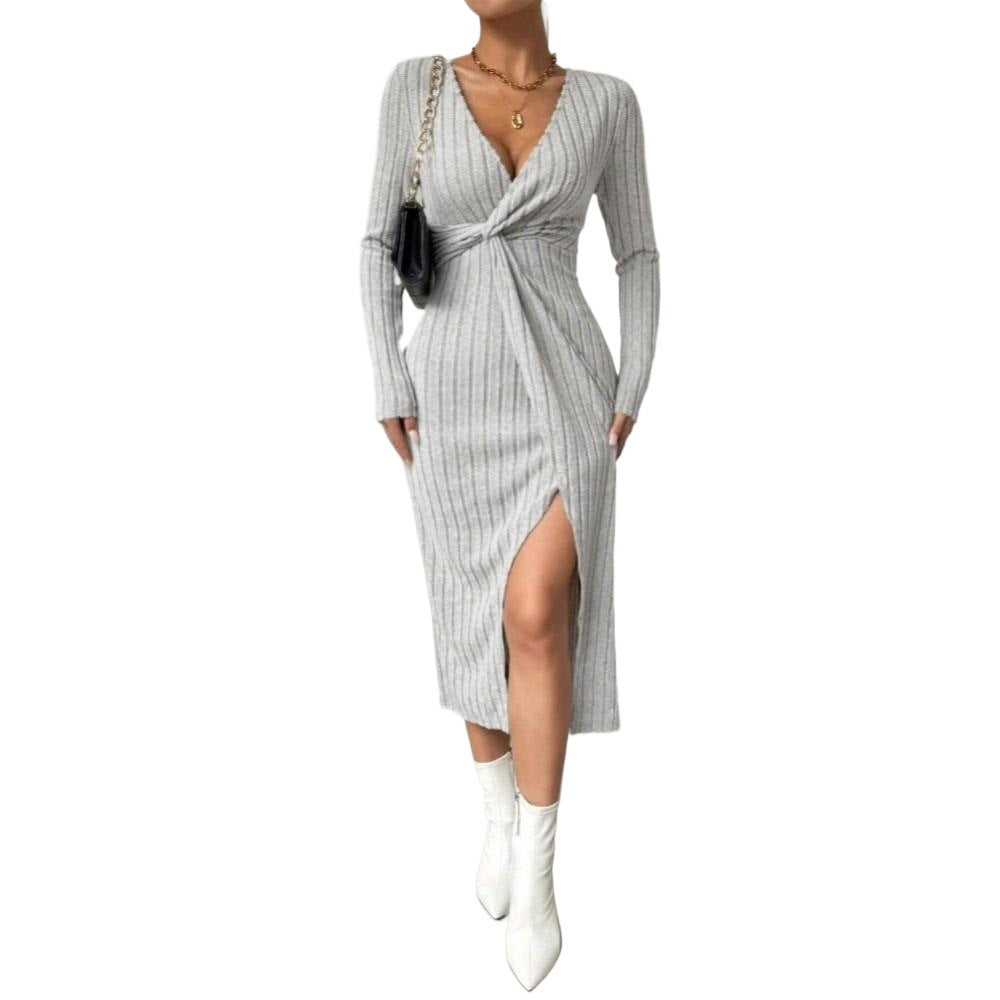 Damen Midi-Kleid Figurbetont Twist-Detail Seitlicher Schlitz Norvielle