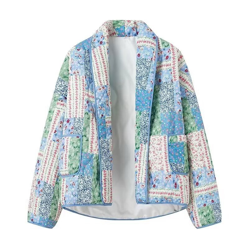 Damen Steppjacke Patchwork Floralmuster mit Seitentaschen Norvielle