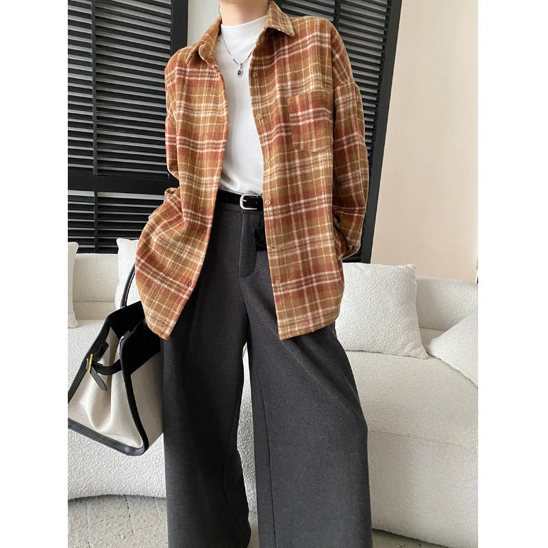 Damen Karo-Hemdjacke Lässiger Schnitt Praktische Taschen
