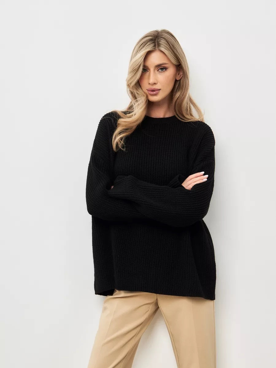 Damen Oversized Strickpullover Leichtes Rippenmuster Offene Ärmel