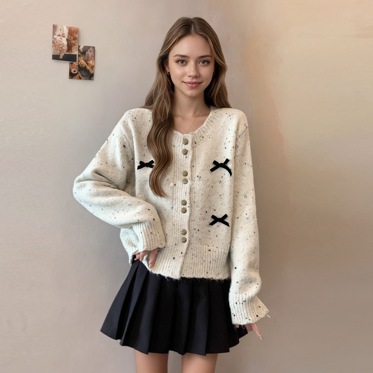 Damen Strickjacke Dekorativ mit Knöpfen und Schleifen Akzent
