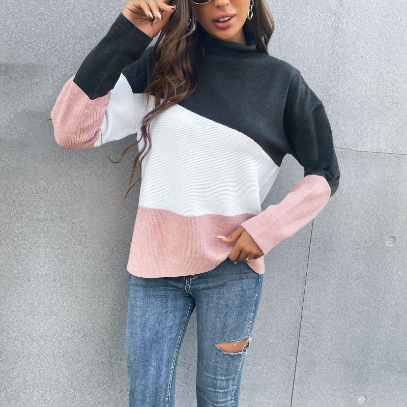 Damen Strickpullover Farbblock-Design Hochkragen
