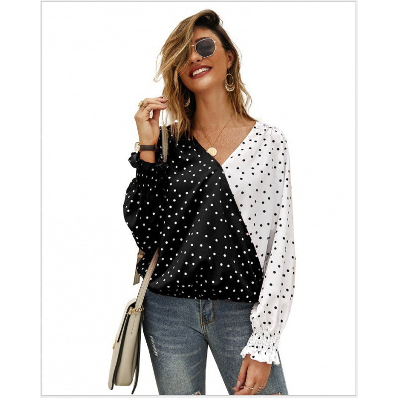 Damen Bluse Asymmetrisch Punkte Elastisch Weiß