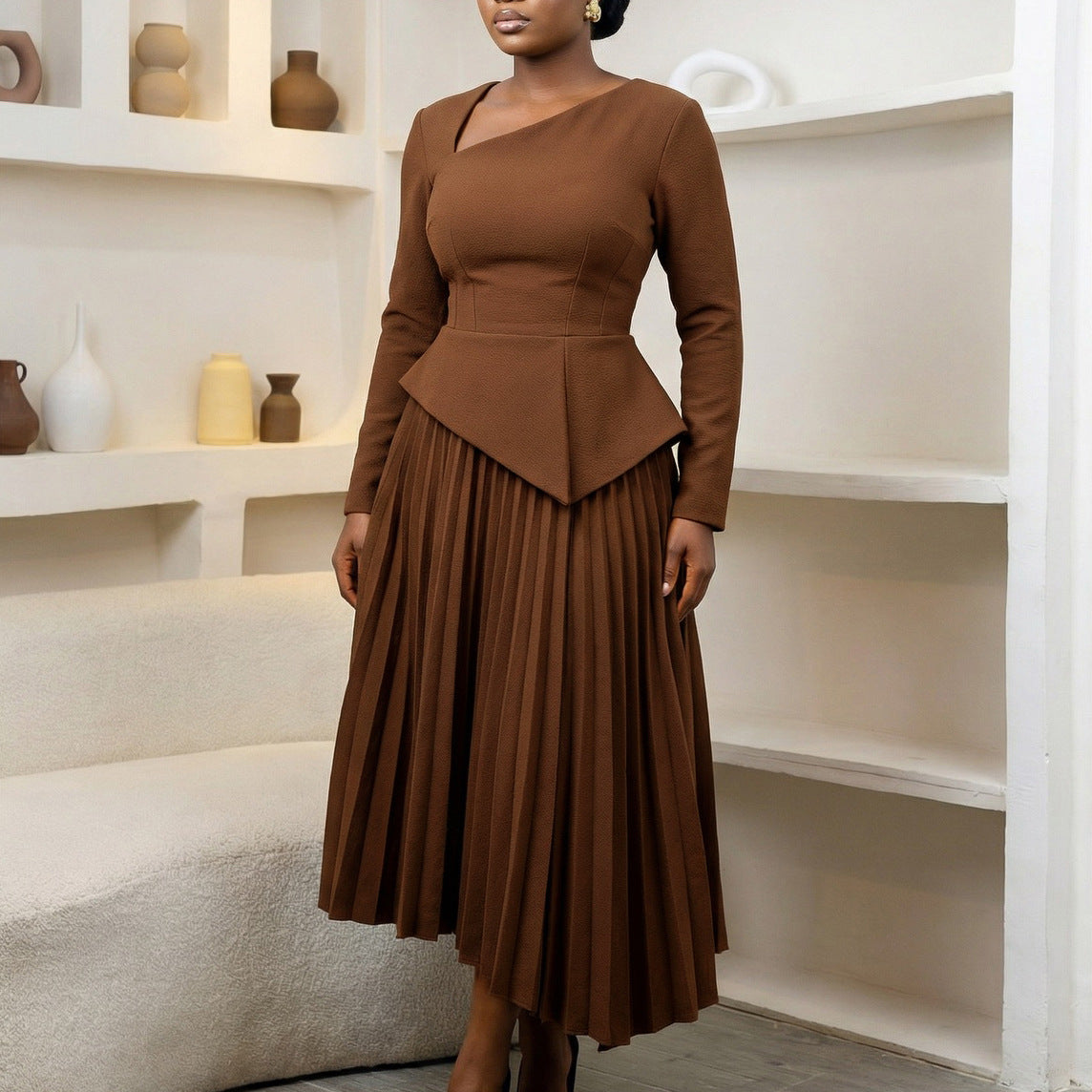 Damen Midi-Kleid Asymmetrisch Gefaltet Schwarz - Norvielle