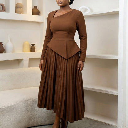 Damen Midi-Kleid Asymmetrisch Gefaltet Schwarz - Norvielle