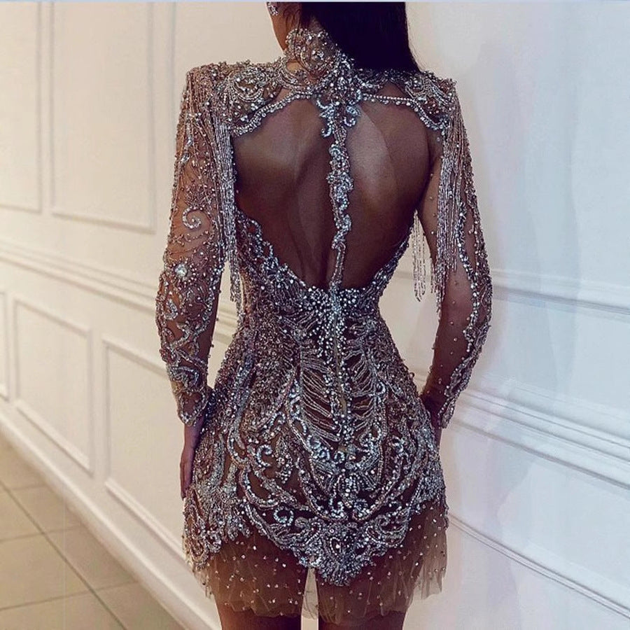 Damen Pailletten-Kleid Transparente Elemente Französische Fransen
