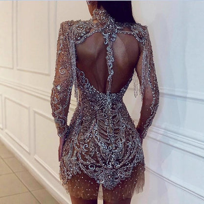 Damen Pailletten-Kleid Transparente Elemente Französische Fransen