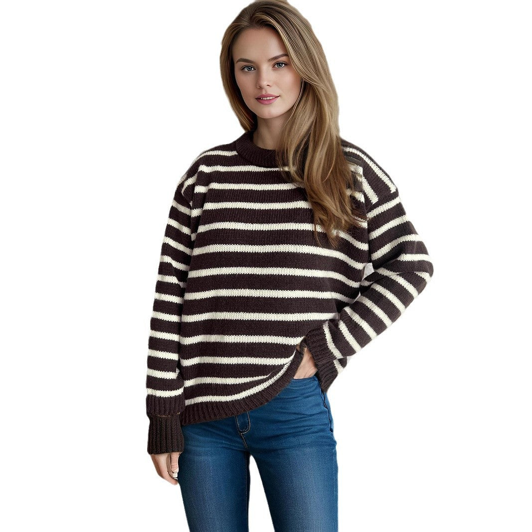 Damen Strickpullover Breite Streifen Oversized Beige