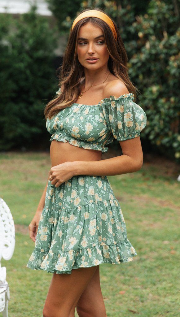 Damen Zweiteiliges Outfit Voluminöse Rüschen Florales Design