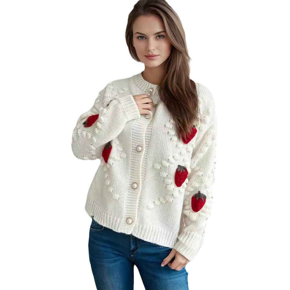 Damen Strickjacke Erdbeer Stickerei Knopfverschluss Norvielle