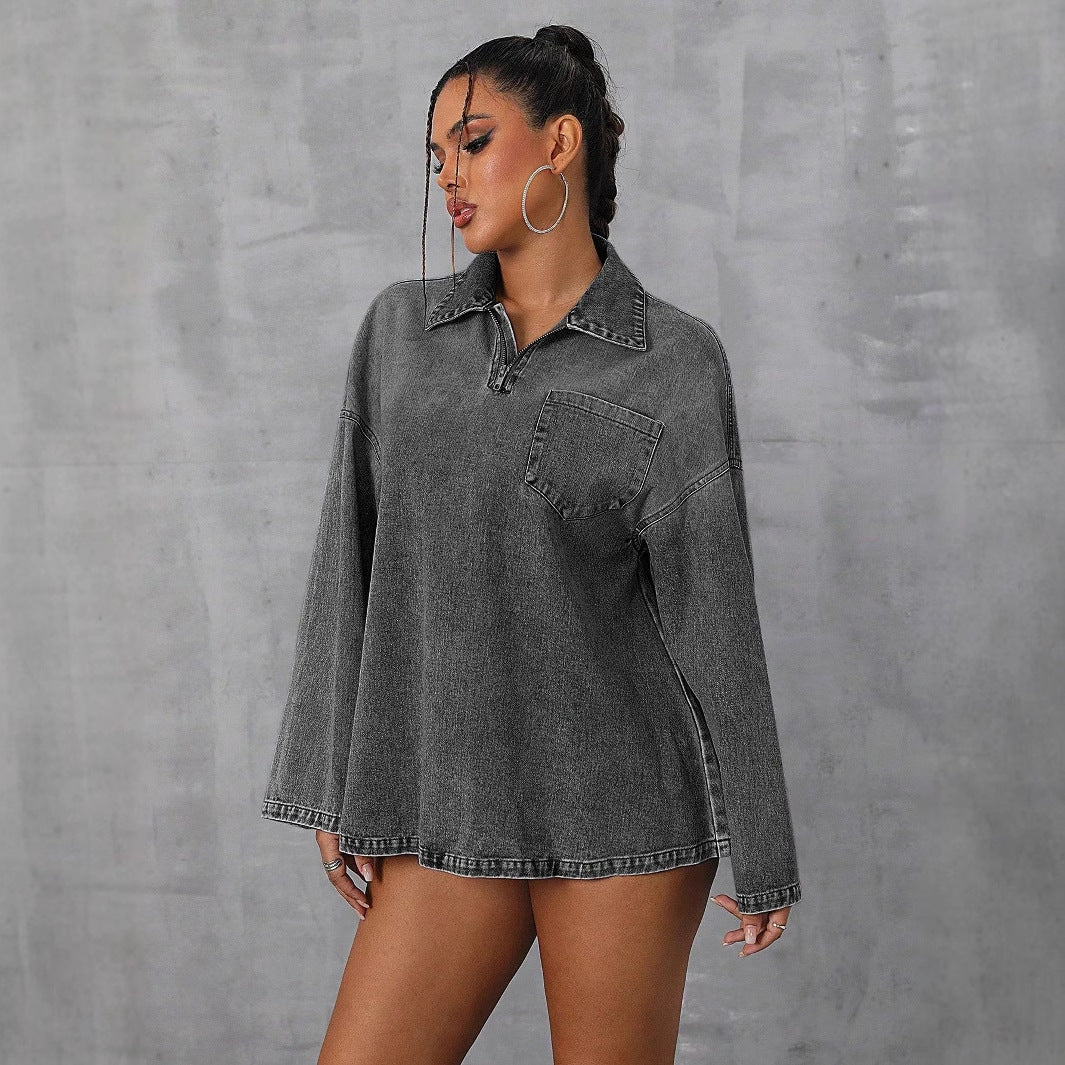 Damen Oversized Denimbluse Lässiger Kragen