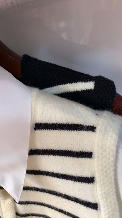 Damen Strickweste Klassische Streifen Mit Knöpfen Beige