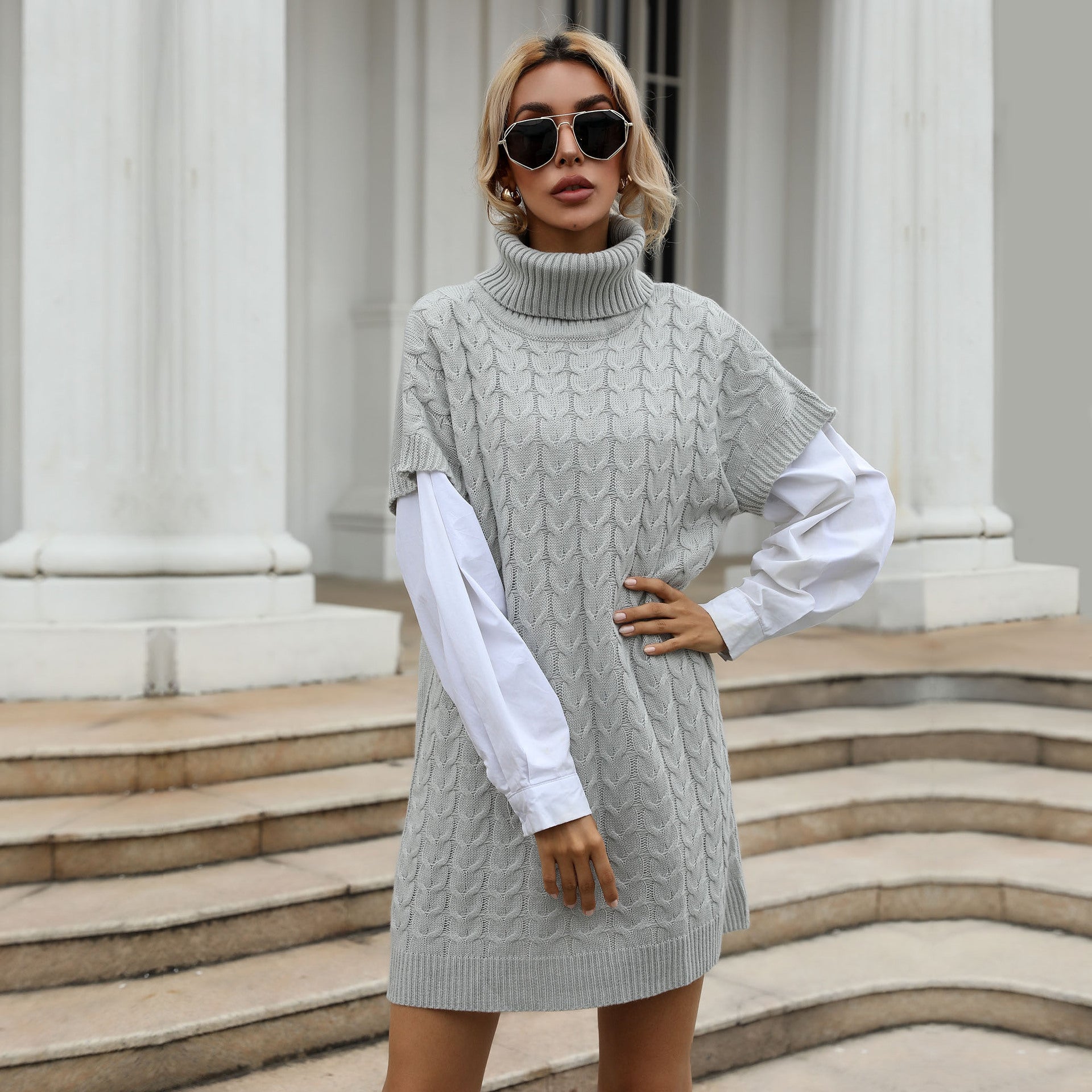 Damen Strickkleid Hochkragen Zopfmuster Norvielle - Norvielle