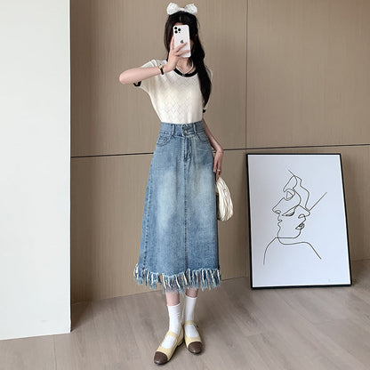 Damen Denim Midi-Rock Fransiger Saum