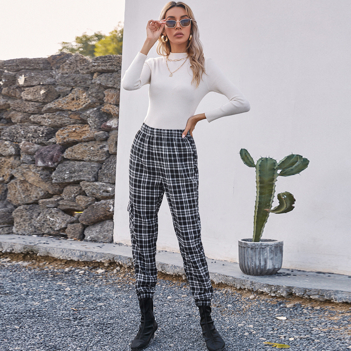 Damen Karohose Elastischer Bund Bequem Schwarz Norvielle - Norvielle