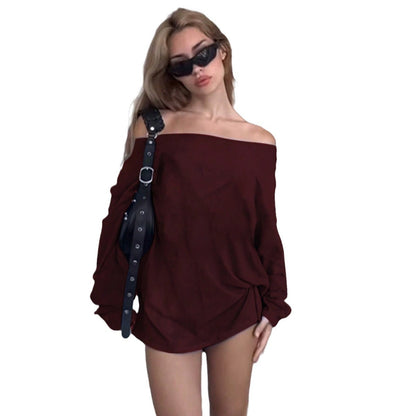Damen Off-Shoulder Bluse Lockere Passform Knötchen-Detail