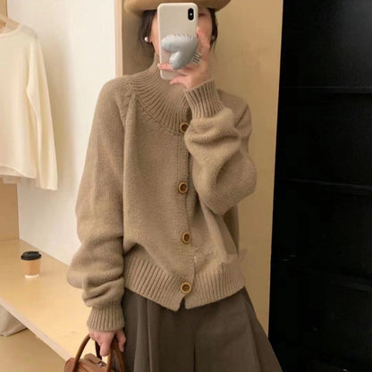 Damen Strickjacke Lässig Kontrastknöpfe Beige - Norvielle