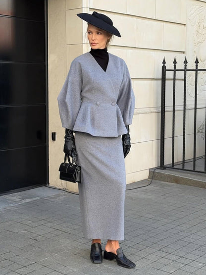 Damen Bleistiftkleid mit Blazer-Oberteil und Puffärmeln Norvielle