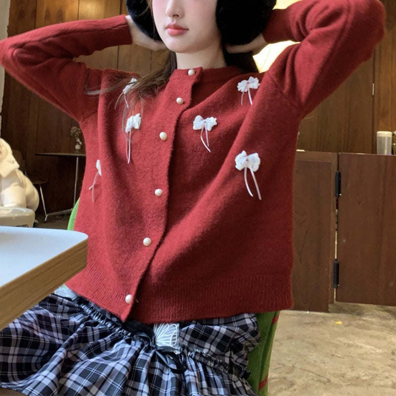 Damen Strickjacke Kawaii mit Schleifen und Perlen Norvielle